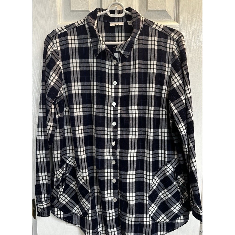 Joan Rivers Navy Blue White Plaid Button Front Shirt Cotton Back Button Detail L